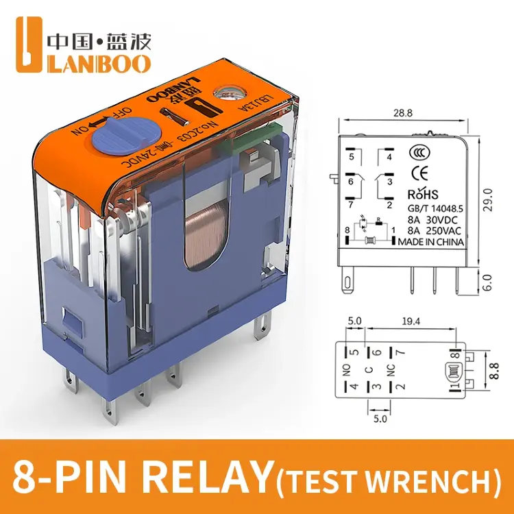 Промежуточное реле LANBOO J13A 12A/8A 5/8 контактов 12В DC/24В DC/220В AC