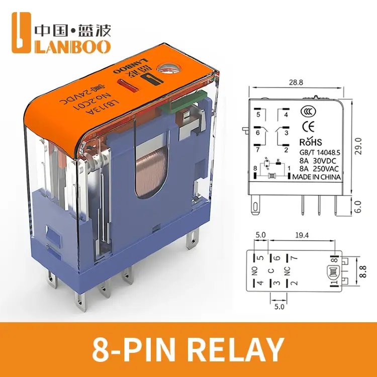 Промежуточное реле LANBOO J13A 12A/8A 5/8 контактов 12В DC/24В DC/220В AC