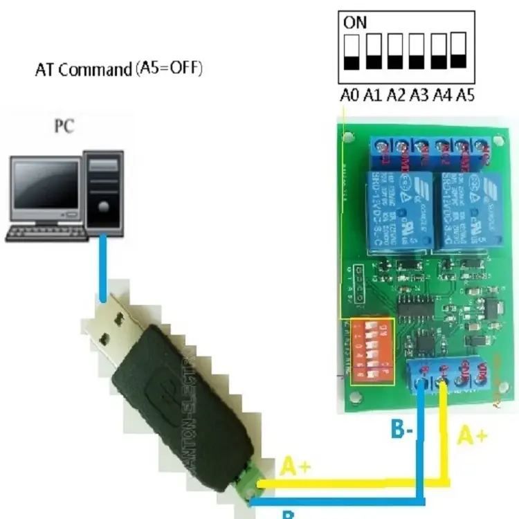 Плата реле RS485 2-канальная DC 12V с Modbus AT управлением