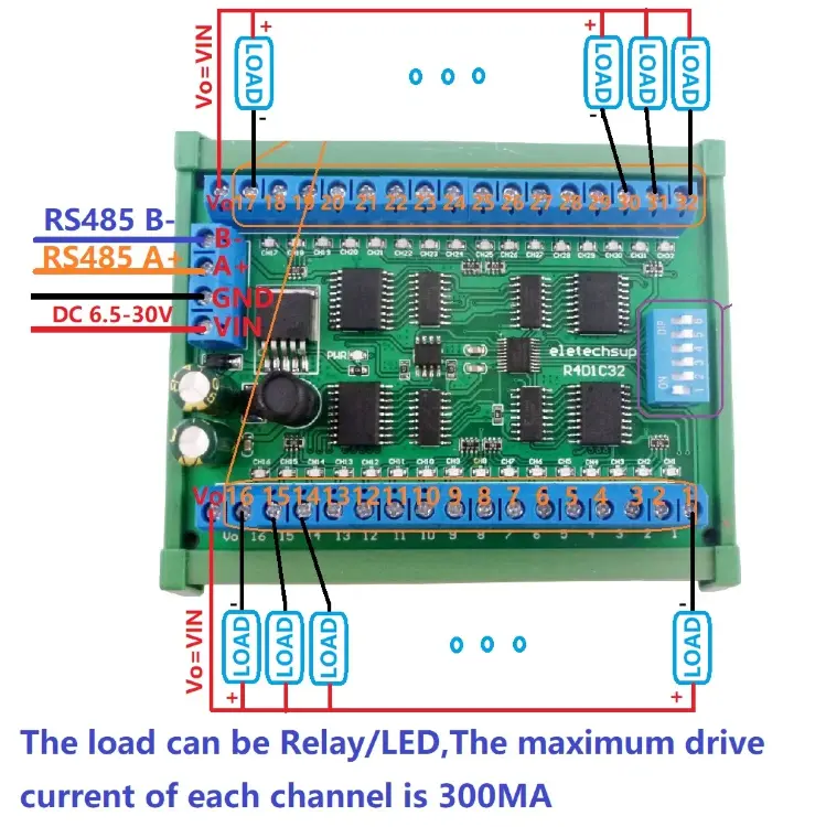 Релейный модуль DIN35 C45 32-канальный RS485 Modbus RTU ULN2803A 12В 24В