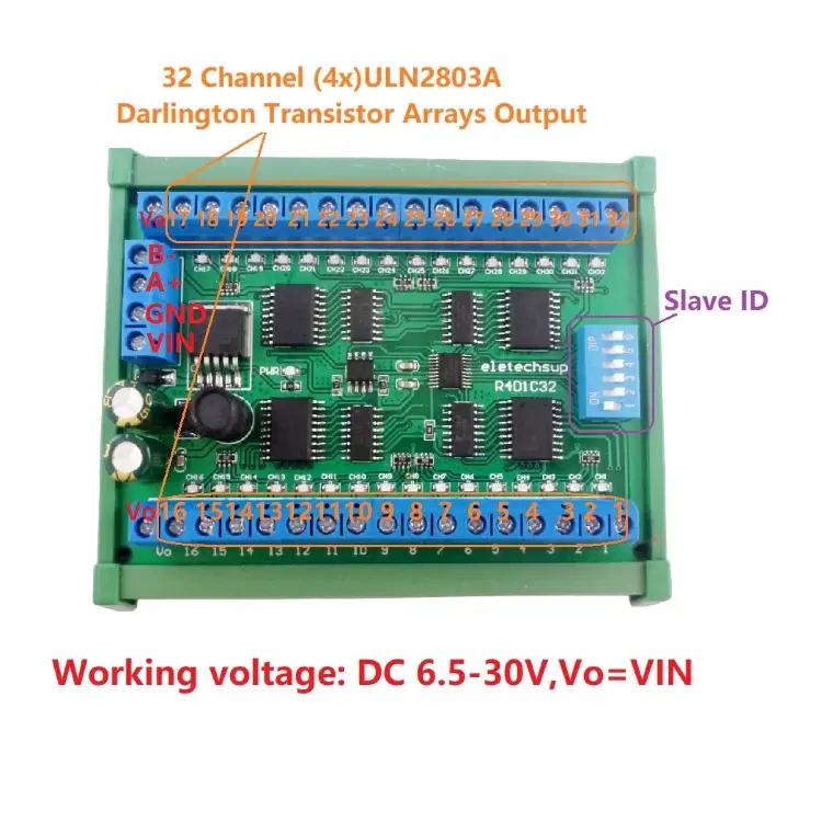 Релейный модуль DIN35 C45 32-канальный RS485 Modbus RTU ULN2803A 12В 24В