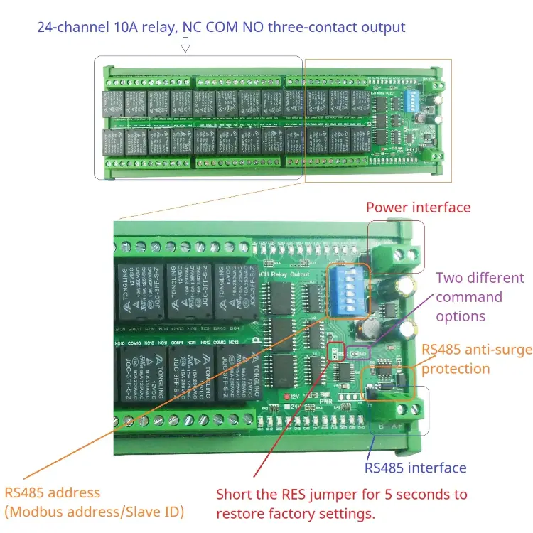 24-канальный релейный модуль N4DOJ24 Modbus RTU RS485 10А для DIN-рейки