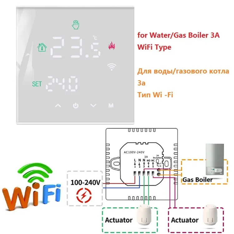 Умный термостат M3H Tuya Wi-Fi для теплого пола и котлов 3A/16A ЖК-сенсорный