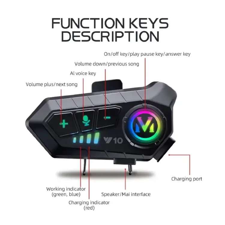 Bluetooth-гарнитура Y10 5.3 для мотоциклетного шлема с подсветкой