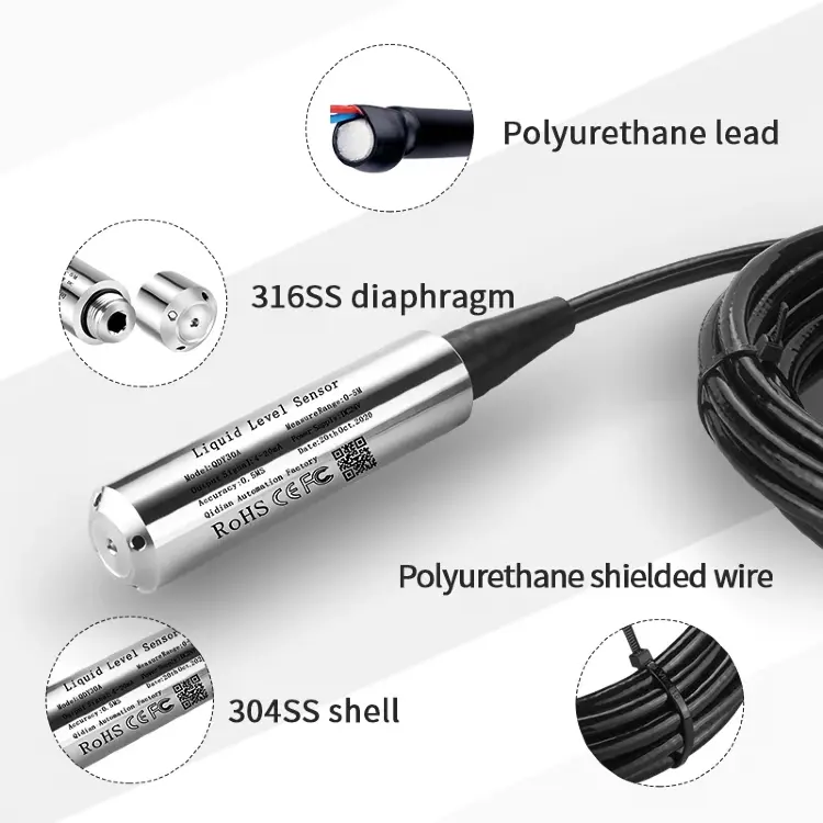 Погружной датчик уровня воды 4-20mA 0-10V RS485 0-10m DC24V