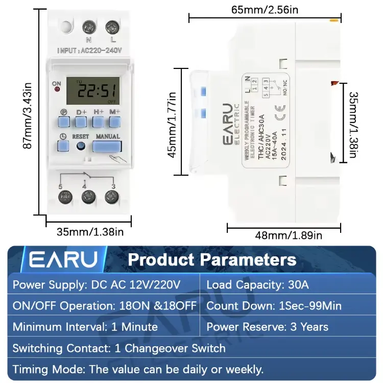Электронный программируемый таймер-реле EARU THC15A 30A AC/DC 12В 220В с ЖК-дисплеем DIN