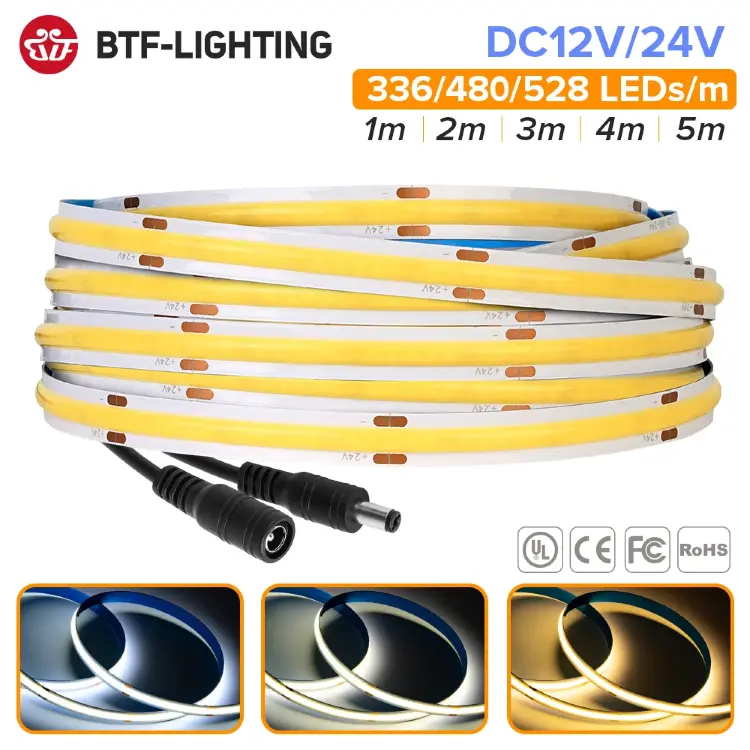 Светодиодная лента FCOB 336/480/528, высокой плотности, гибкая, RA90, DC12V/24V