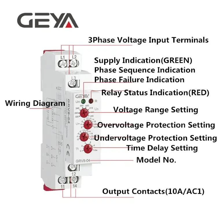 Реле контроля напряжения GEYA GRV8-04 3-фазное на DIN-рейку