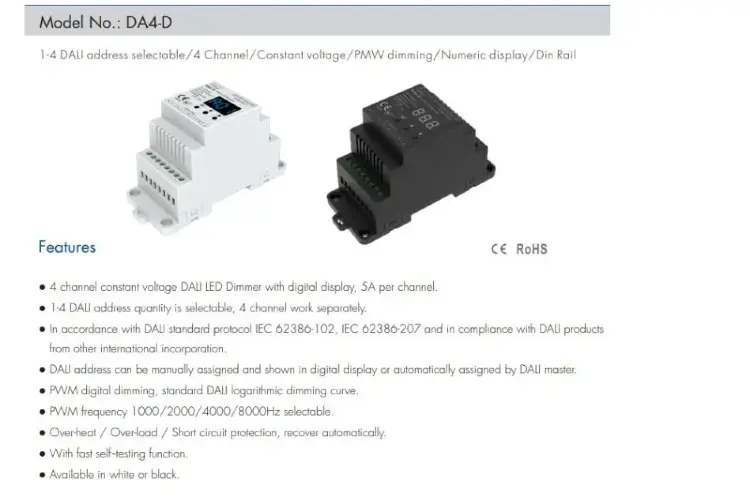 4-канальный драйвер диммер DA4-D DIN 5A 12-24VDC DALI PMW