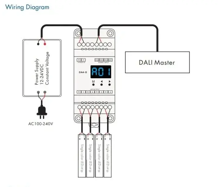 4-канальный драйвер диммер DA4-D DIN 5A 12-24VDC DALI PMW