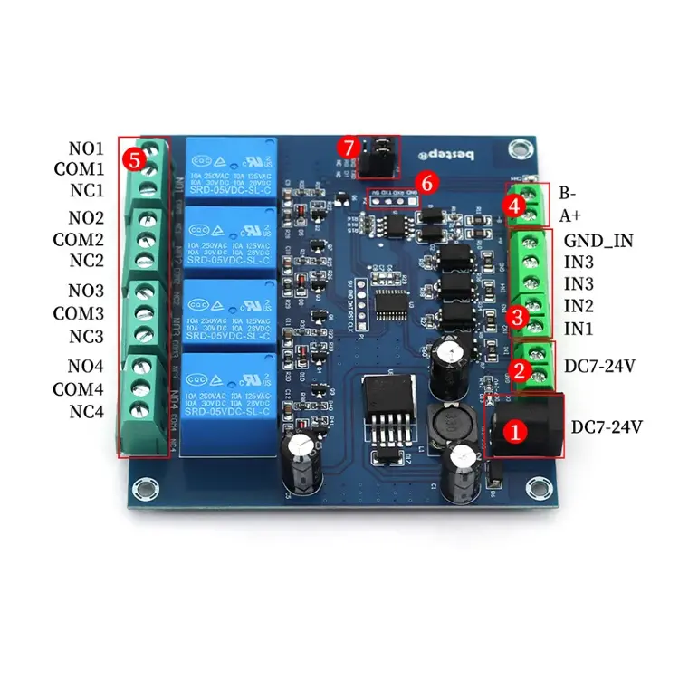 Релейный модуль Modbus RTU RS485 TTL UART 1-4 канала 7-24В