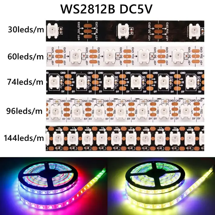 Светодиодная лента WS2812B DC5V RGB 5050, индивидуально адресуемая, 30-144 LED/м
