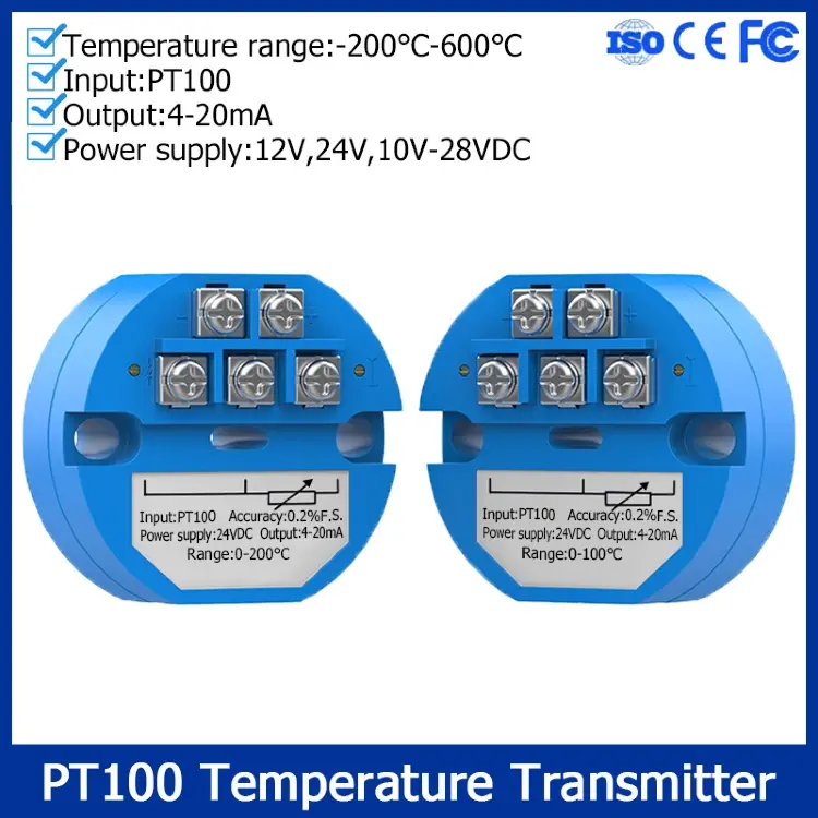 Датчик температуры PT100 -200-650°C, выход 4-20мА, 12-24В DC