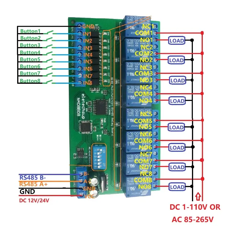 Релейный модуль 8 входов 8 выходов DC 12V 24V RS485 Modbus RTU DIN35