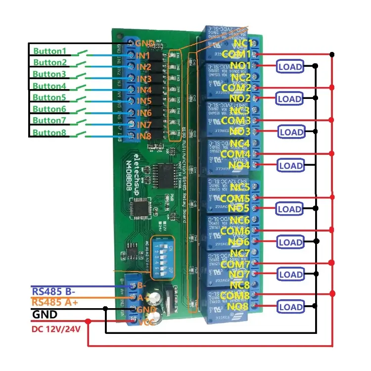 Релейный модуль 8 входов 8 выходов DC 12V 24V RS485 Modbus RTU DIN35