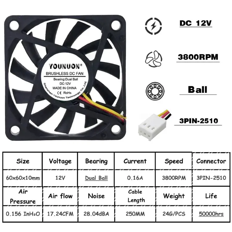 Охлаждающий вентилятор 6010 60x60x10 мм DC 5В/12В/24В бесщеточный, 2 шт