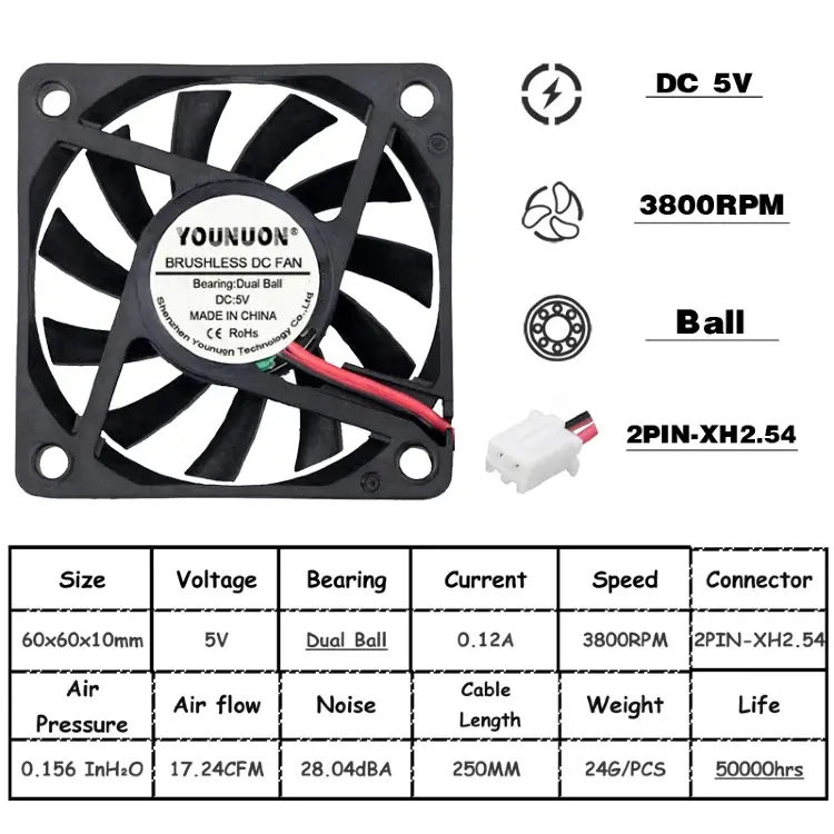 Охлаждающий вентилятор 6010 60x60x10 мм DC 5В/12В/24В бесщеточный, 2 шт