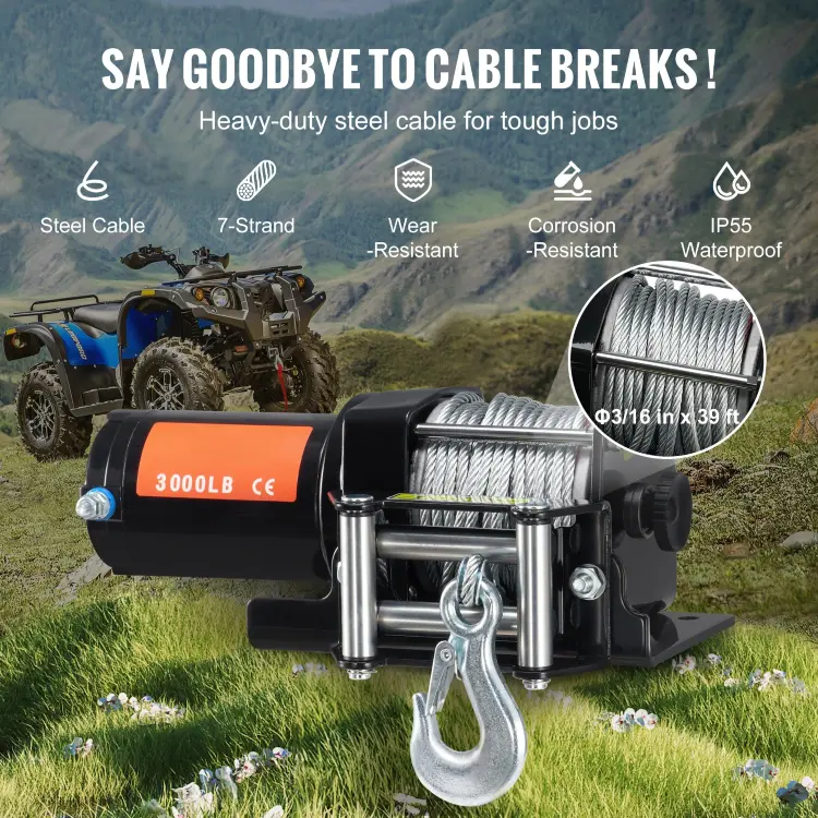 Электрическая лебедка 3000 фунтов 12В для ATV/UTV со стальным тросом