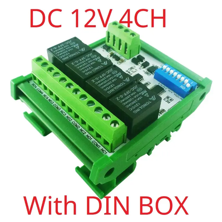 Релейный модуль 4CH Modbus RTU RS485 DC 12V 24V с DIP-переключателем и DIN-коробкой
