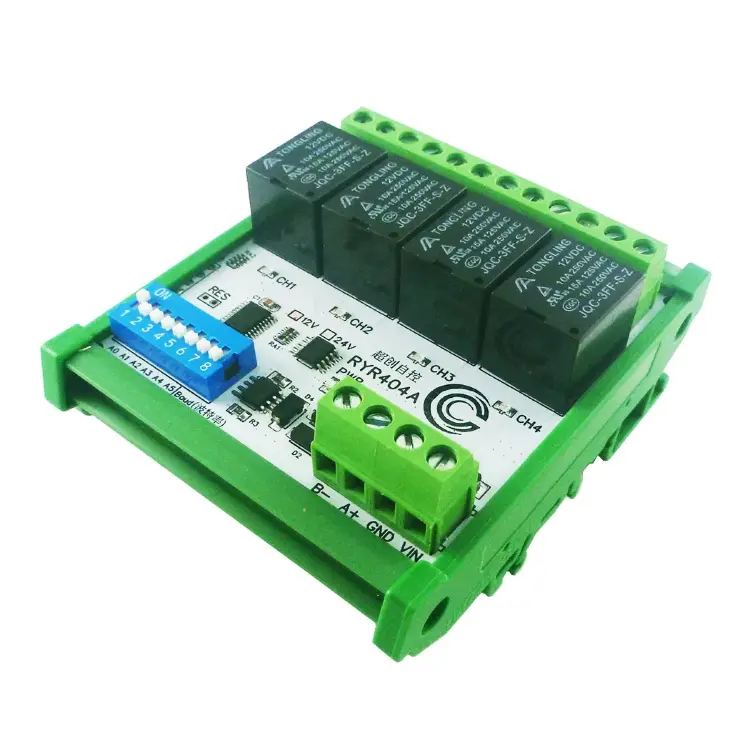 Релейный модуль 4CH Modbus RTU RS485 DC 12V 24V с DIP-переключателем и DIN-коробкой