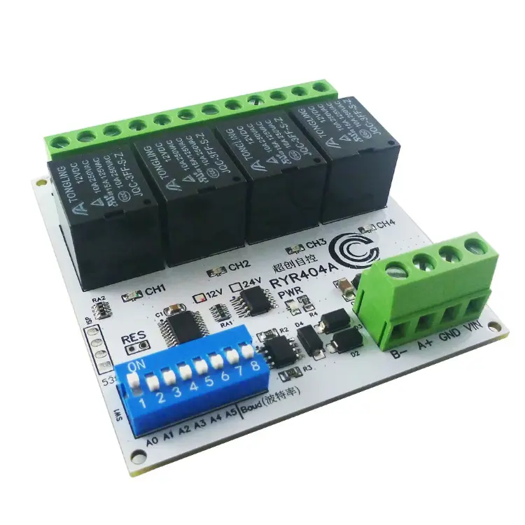 Релейный модуль 4CH Modbus RTU RS485 DC 12V 24V с DIP-переключателем и DIN-коробкой