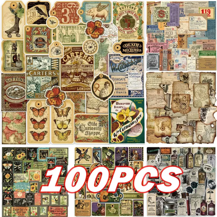Винтажные наклейки с растениями и картами (100 шт.)