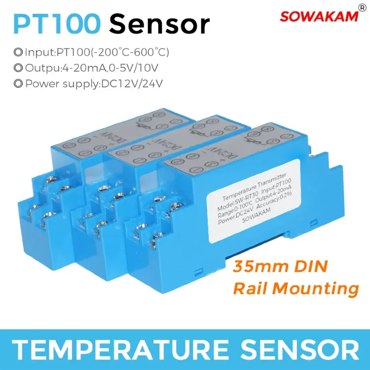 Датчик температуры PT100 4-20мА 0-5В 10В выход 24VDC DIN-рейка -200-650°C