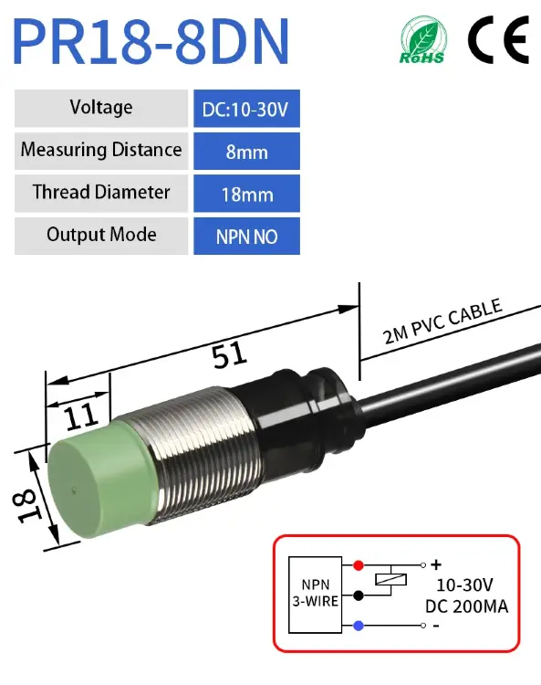 Индуктивный датчик M18 PR18-8DN PR18-8DP NPN PNP 24В DC 8мм