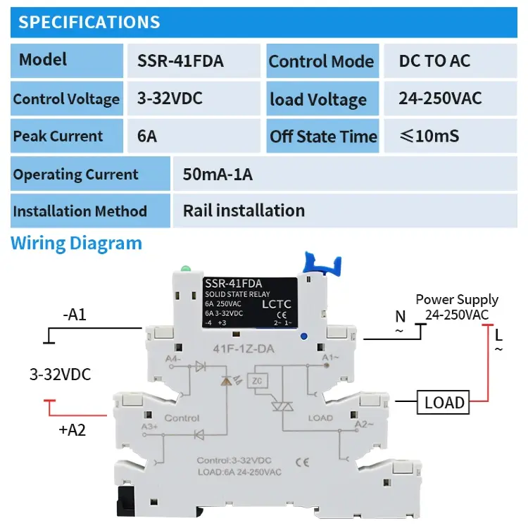 Твердотельное реле SSR-41FDA/DD на DIN-рейку, 6A, 3-32В DC/24-250В AC