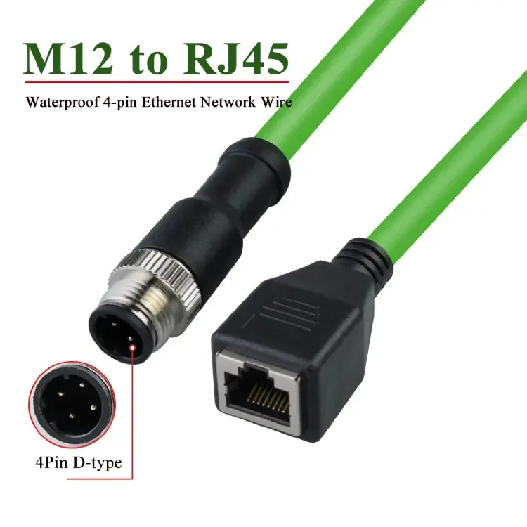 Соединительный кабель M12 D-тип на RJ45, 4-контактный, водонепроницаемый