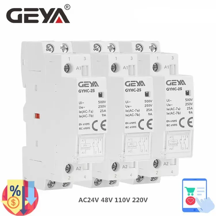 Контактор модульный GEYA GYHC DIN 24В 48В 110В 220В 2P 25A